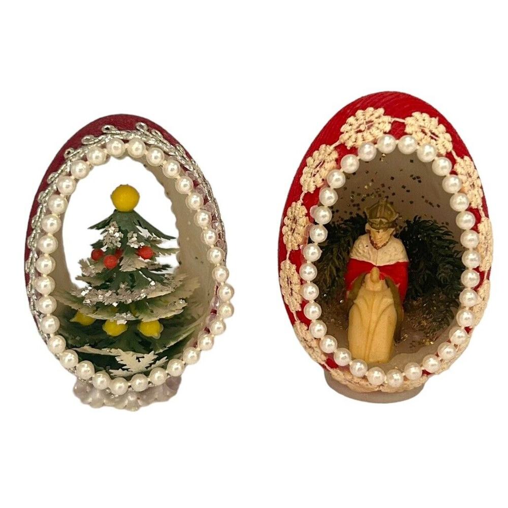 Vtg Christmas Ornaments Flocked Diorama Tree Praying King Oval Red Handmade READ